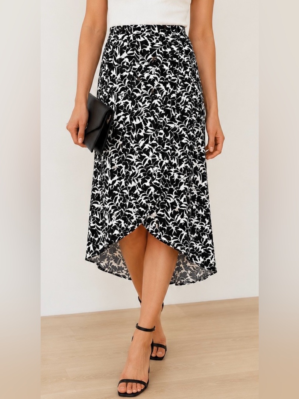 J.Crew Black & White Floral Faux Wrap Midi Skirt Size Small